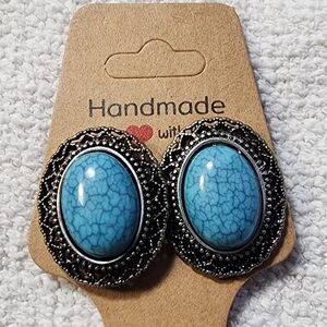Turquoise And Silver Toned Blue Oval Earrings New